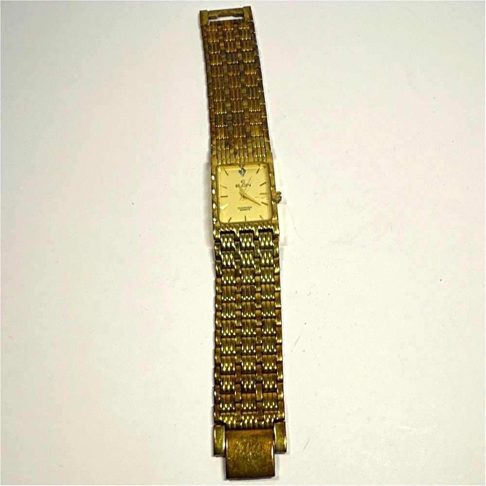 Elgin Diamond Quartz Womens Dress Analog Gold Tone Rectangle Bracelet Watch Mens